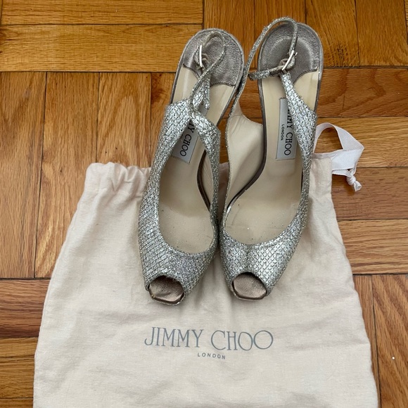 Jimmy Choo Silver/Gold Glitter and Leather Peep Toe Slingback Platform - Picture 5 of 6
